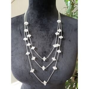 Women Silver Layered Necklace Clear Crystal Beaded Multi Strand Lobster Clasp
